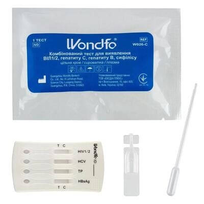 Тест Wondfo W026-С комбінований для виявлення ВІЛ1/2, гепатиту С, гепатиту В, сифілісу, 1 штука