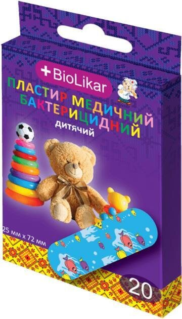 Пластир бактерицидний Biolikar дитячий 2,5 см х 7,2 см, 20 штук