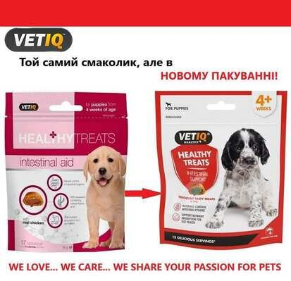 Ласощі для цуценят VetIQ Healthy Treats Intestinal Support для покращення травлення з птицею та водоростями, 50 г