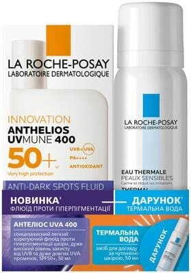 Набір La Roche-Posay Anthelios UVmune 400 сонцезахисний флюїд легкий корегуючий проти гіперпігментації шкіри SPF 50+, 50 мл + термальна вода, 50 мл