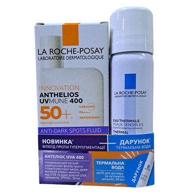 Набір La Roche-Posay Anthelios UVmune 400 сонцезахисний флюїд легкий корегуючий проти гіперпігментації шкіри SPF 50+, 50 мл + термальна вода, 50 мл