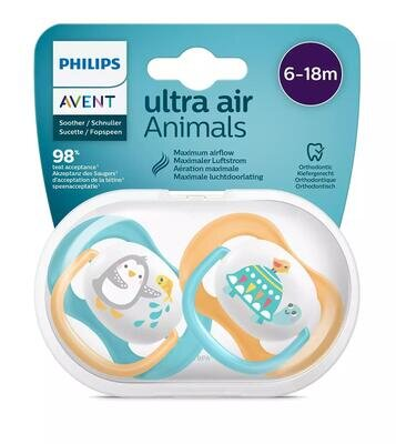 Пустушка силіконова Philips Avent Ultra Air Animal SCF080/07 ортодонтична, для хлопчиків, 6-18 місяців, 2 шт