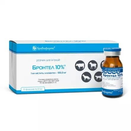 Бронтел 10% (ДЛЯ ТВАРИН) розчин протипаразитарний ін'єкційний, 10 мл