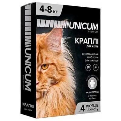 Краплі на холку Unicum Premium від бліх і кліщів для кішок вагою 4-8 кг, 1 штука