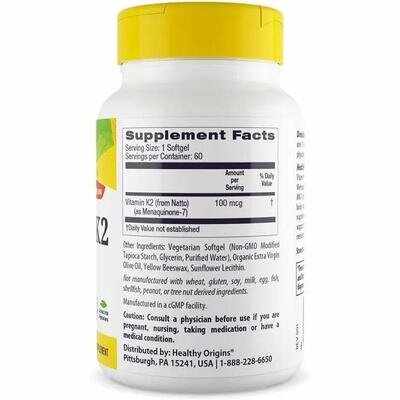 Вітамін K2 в формі MK7 Healthy Origins Vitamin K2 as MK7 100 мкг, 60 капсул