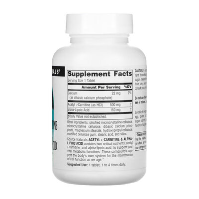 Ацетил L-Карнітин + Альфа-ліпоєва кислота Source Naturals Acetyl L-Carnitine & Alpha-Lipoic Acid 650 мг, 60 таблеток