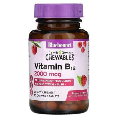 Вітамін В12 2000 мкг Bluebonnet Nutrition Earth Sweet Chewables смак малини, жувальні таблетки № 90