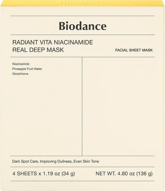 Маска для обличчя Biodance Radiant Vita Niacinamide з Ніацинамідом і Ананасовою водою, 4 шт х 19 г