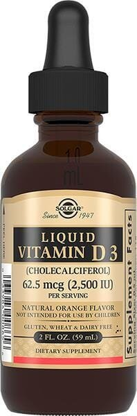 Вітамін Д3 Solgar Liquid Vitamin D3 (Cholecalciferol) 62,5 мкг (2500 МО) смак апельсину, 59 мл
