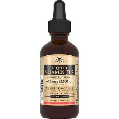 Вітамін Д3 Solgar Liquid Vitamin D3 (Cholecalciferol) 62,5 мкг (2500 МО) смак апельсину, 59 мл