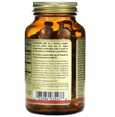 Вітамін Е Solgar Vitamin E 268 мг (400 МО) d-Alpha Tocopherol & Mixed Tocopherols вег. капсули №100