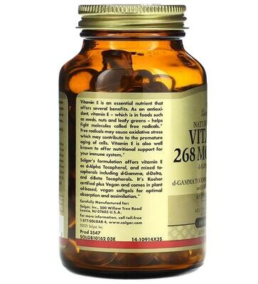 Вітамін Е Solgar Vitamin E 268 мг (400 МО) d-Alpha Tocopherol & Mixed Tocopherols вег. капсули №100