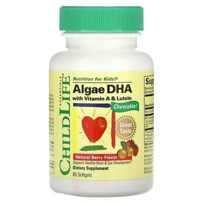 ДГК з водоростей з вітаміном А та лютеїном ChildLife Algae DHA with Vitamin A & Lutein, ягідний смак, 60 м'яких таблеток