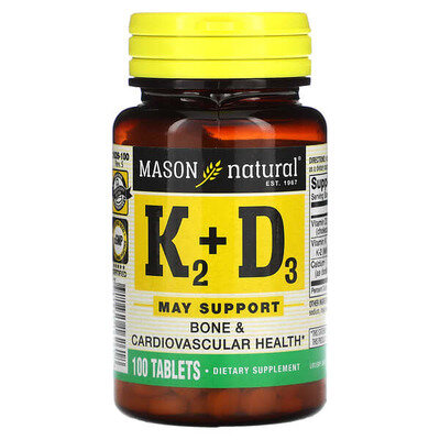 Вітамін K2+ Вітамін D3 Mason Natural Vitamin K2 Plus Vitamin D3, 100 таблеток