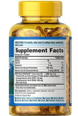 Риб'ячий жир з печінки тріски Puritan's Pride Cod Liver Oil, 100 капсул