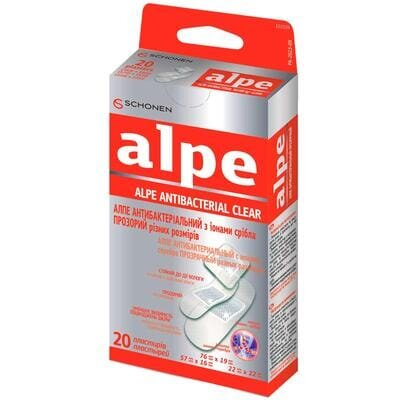 Набір пластирів медичних Alpe Antibacterial Clear антибактеріальний з іонами срібла, прозорий, різних розмірів, 20 штук