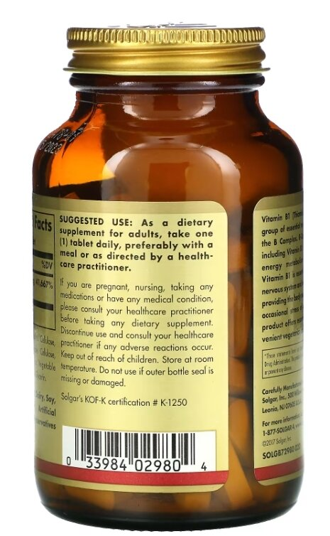 Вітамін В1 Solgar Vitamin B1 (Thiamin) 500 мг таблетки №100