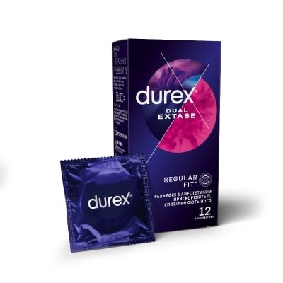 Презервативи латексні Durex Dual Extase рельєфні з анестетиком, 12 штук