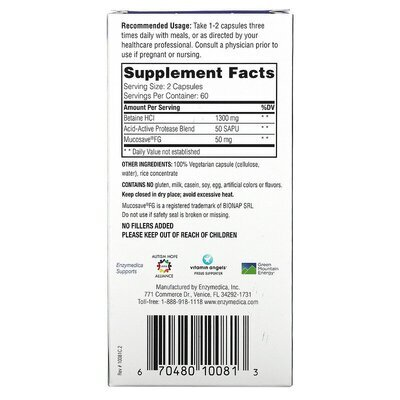 Бетаїн гідрохлорид Enzymedica Betaine HCI, 120 капсул
