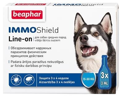 Краплі на холку Beaphar IMMO Shield Line-on протипаразитарні з силіконовою олією для собак середніх порід від 15 до 30 кг, 3 піпетки