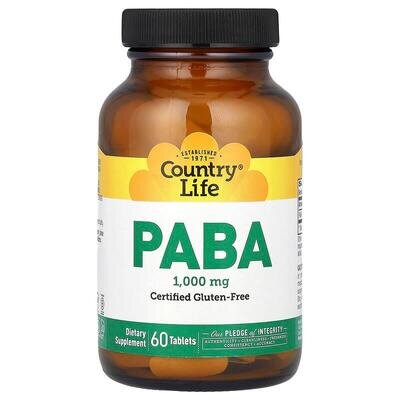 Пара-амінобензойна кислота (ПАБК) Country Life Time Release PABA 1000 мг з уповільненим вивільненням, 60 таблеток
