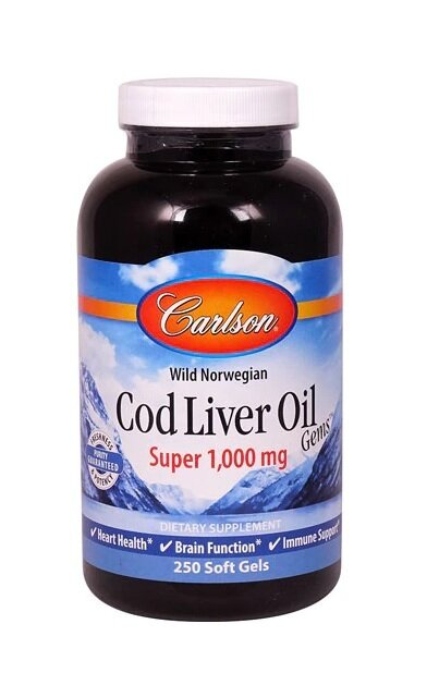 Риб'ячий жир Carlson Labs Cod Liver Oil 1000 мг з печінки норвезької тріски, 250 капсул