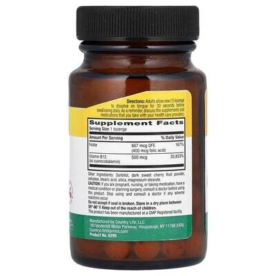 Вітамін B12 з фолатом Country Life Vitamin B12 with Folate 500 мкг/667 мкг DFE (400 мкг) смак вишня, 100 пастилок