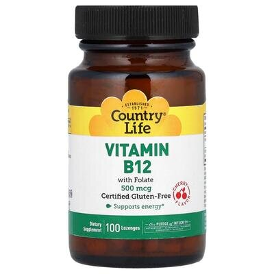 Вітамін B12 з фолатом Country Life Vitamin B12 with Folate 500 мкг/667 мкг DFE (400 мкг) смак вишня, 100 пастилок