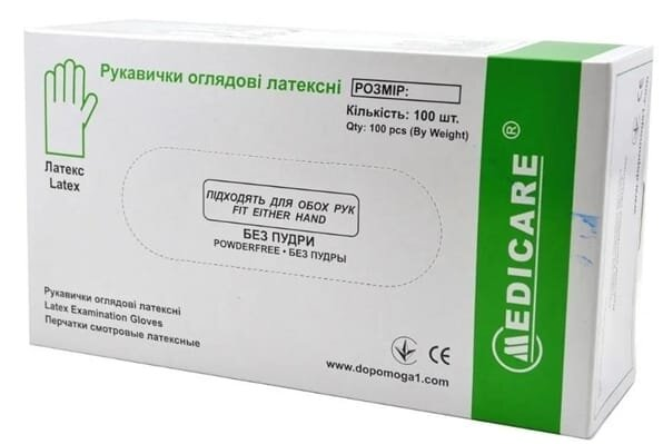 Рукавички оглядові Medicare Latex Powderfree латексні без пудри нестерильні, розмір L, 100 штук