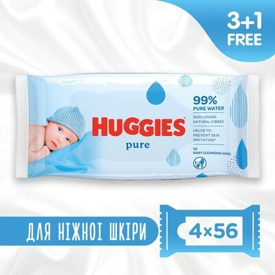 Серветки вологі Huggies Pure дитячі, для новонароджених, 224 шт (4 x 56 шт)