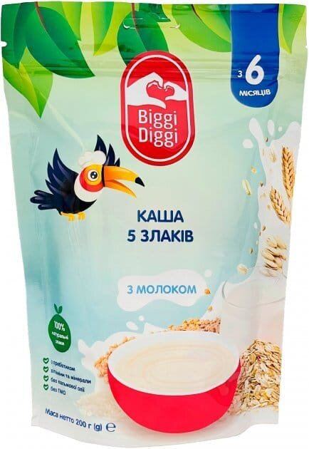 Каша молочна Biggi Diggi швидкорозчинна 5 злаків для дітей з 6 місяців, 200 г