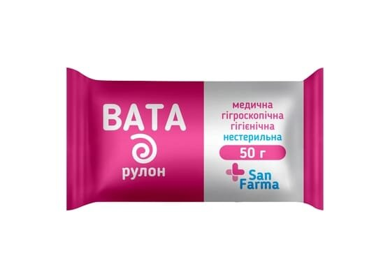 Вата нестерильна San Farma медична гігієнічна, ролик 50 г