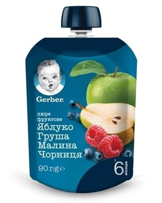 Пюре фруктове Gerber Яблуко, груша, малина, чорниця, 90 г