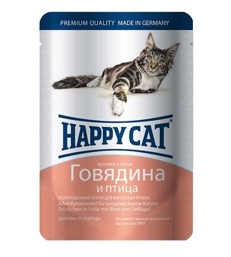 Корм вологий Happy Cat для кішок з яловичиною та птицею шматочки в соусі, 100 г