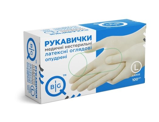 Рукавички оглядові BigQ латексні припудрені, нестерильні, розмір L, 100 штук