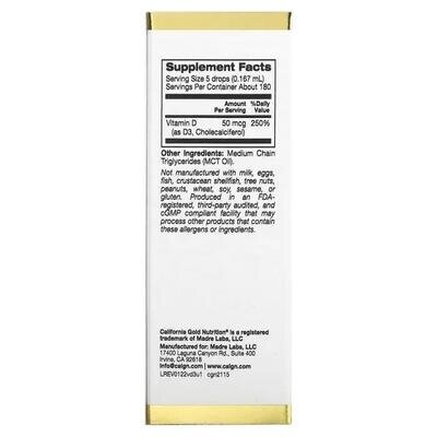 Вітамін D3 California Gold Nutrition Vitamin D3 2000 МО, 30 мл