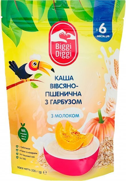 Каша молочна Biggi Diggi швидкорозчинна вівсяно-пшенична з гарбузом для дітей з 6 місяців, 200 г