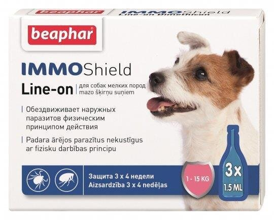 Краплі на холку Beaphar IMMO Shield Line-on протипаразитарні з силіконовою олією для собак малих порід від 1 до 15 кг, 1 піпетка
