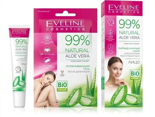 Набір Eveline 99% Natural Aloe Vera для делікатної депіляції обличчя та підборіддя (крем 20 мл + заспокійливий гель 5 мл х 2 шт)