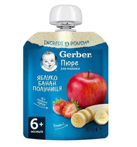 Пюре фруктове Gerber Яблуко, банан, полуниця, 90 г