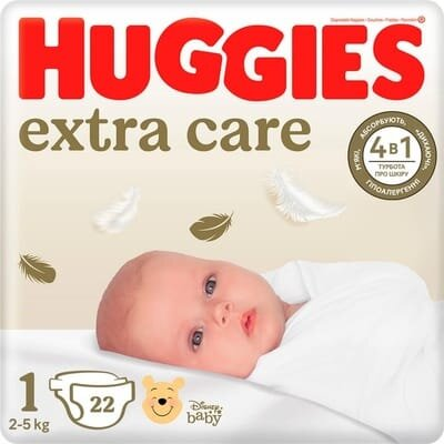 Підгузки Huggies Extra Care дитячі, розмір 1, 2-5 кг, 22 шт