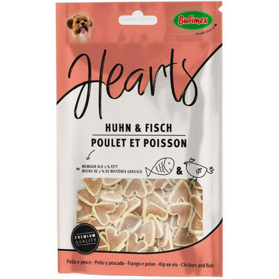 Ласощі Bubimex Chicken and Fish Heart's Сердечка з куркою та рибою для собак, 100 г