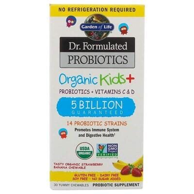 Пробіотики для дітей та Вітаміни C і D Garden of Life Organic Kids + зі смаком полуниця та банан, 30 жувальних таблеток