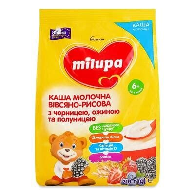 Каша молочна Milupa вівсяно-рисова з чорницею, ожиною та полуницею для дітей від 6 місяців, 210 г
