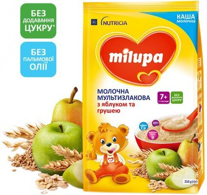 Каша молочна Milupa мультизлакова з яблуком та грушею для дітей з 7 місяців, 210 г
