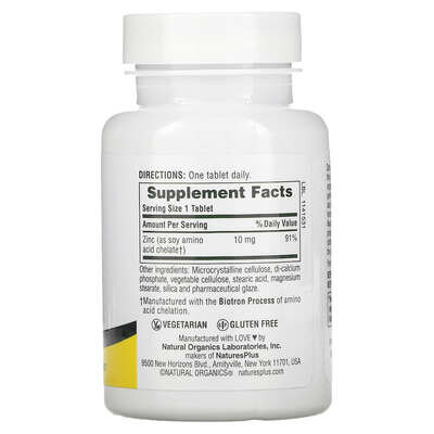 Цинк Nature's Plus Zinc 10 мг, 90 таблеток