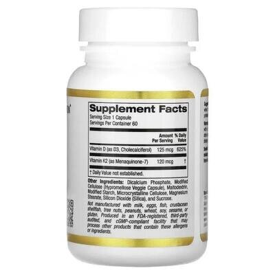 Вітамін D3 + K2 California Gold Nutrition Vitamin D3 + K2 веганські капсули №60