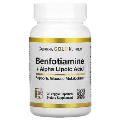 Бенфотіамін та альфа-ліпоєва кислота California Gold Nutrition Benfotiamine + Alpha Lipoic Acid, 30 вегетаріанських капсул