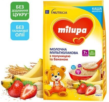 Каша молочна Milupa мультизлакова з полуницею та бананом для дітей з 7 місяців, 210 г