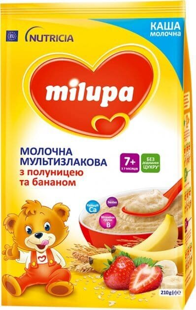 Каша молочна Milupa мультизлакова з полуницею та бананом для дітей з 7 місяців, 210 г
